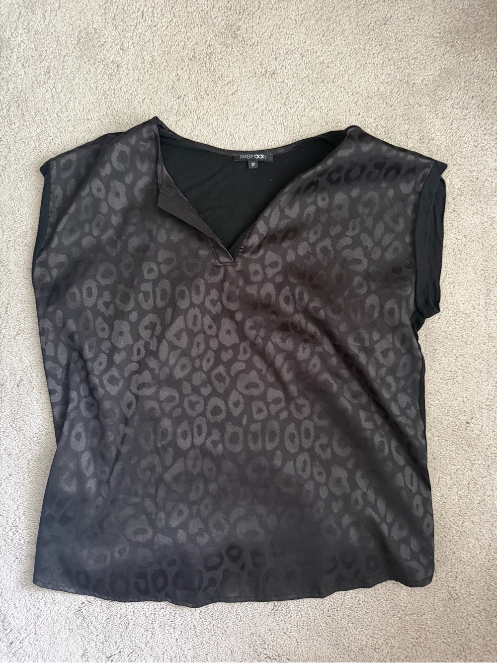 Papermoon Black Satin Leopard-Print Cap Sleeve Top